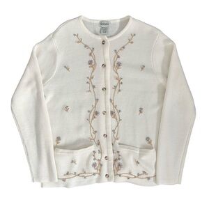 Vtg Classic Elements Floral Embroidered Cream Ivory Button-Up Cardigan Sweater